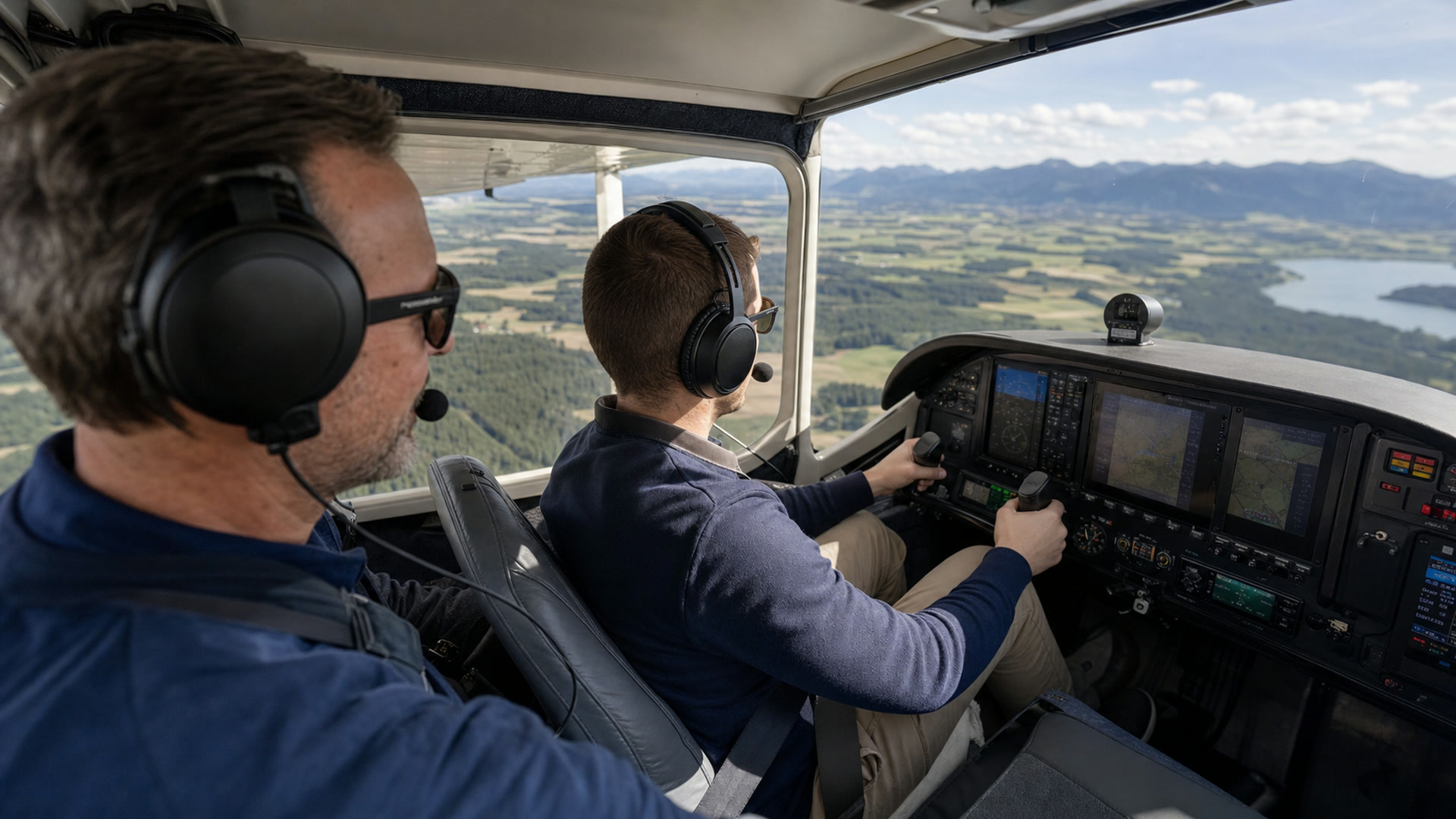 Flugschüler und Fluglehrer im Cockpit während einer Übung