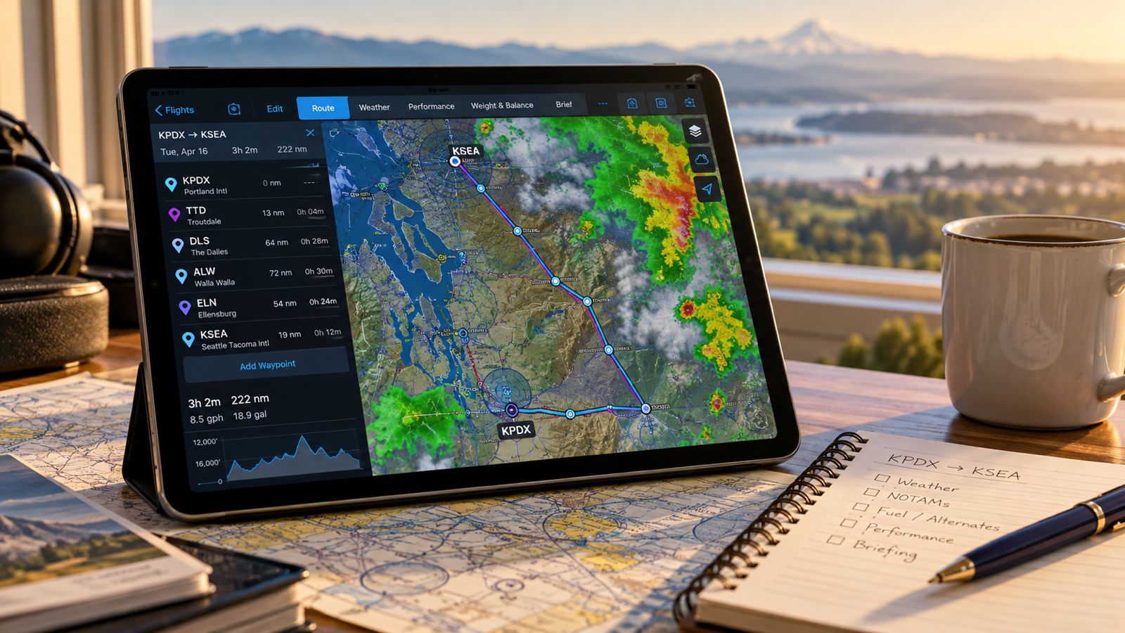 Tablet mit ForeFlight-Planungsmotiv und Wetterdarstellung auf dem Planungstisch