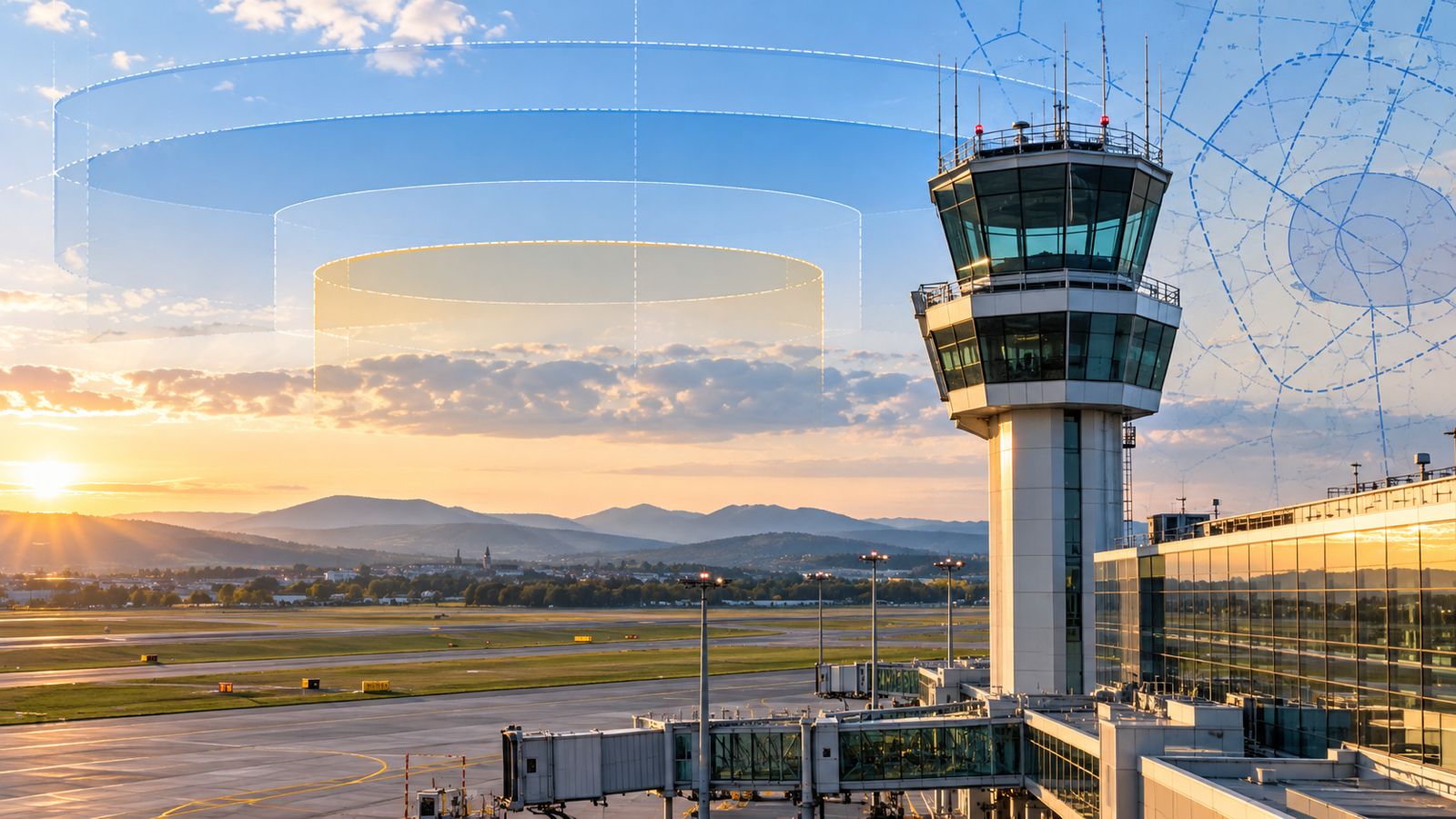 Tower und Flughafen mit darübergelegter Luftraumgrafik