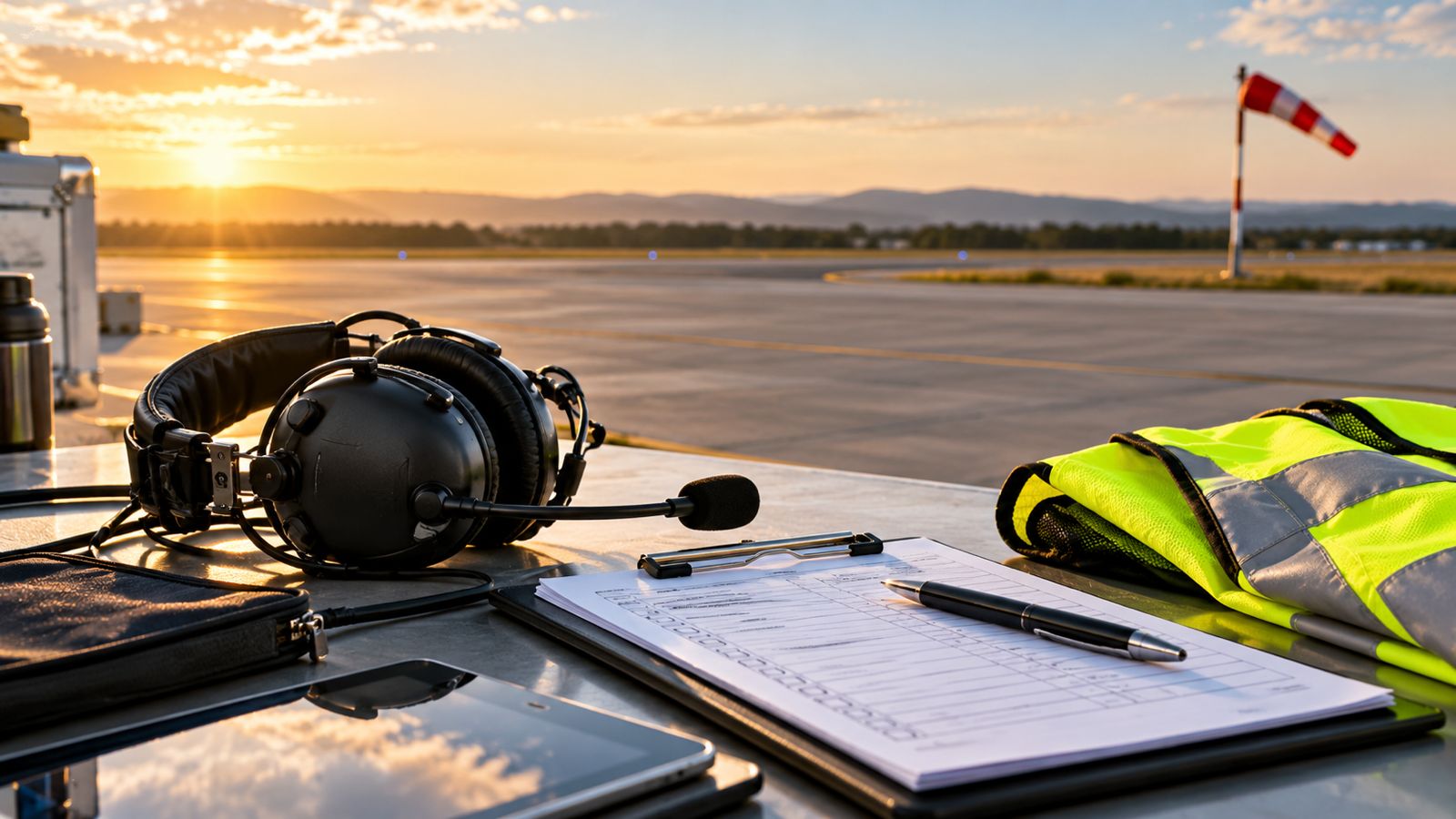 Headset, Warnweste und Flugunterlagen am Flugplatz